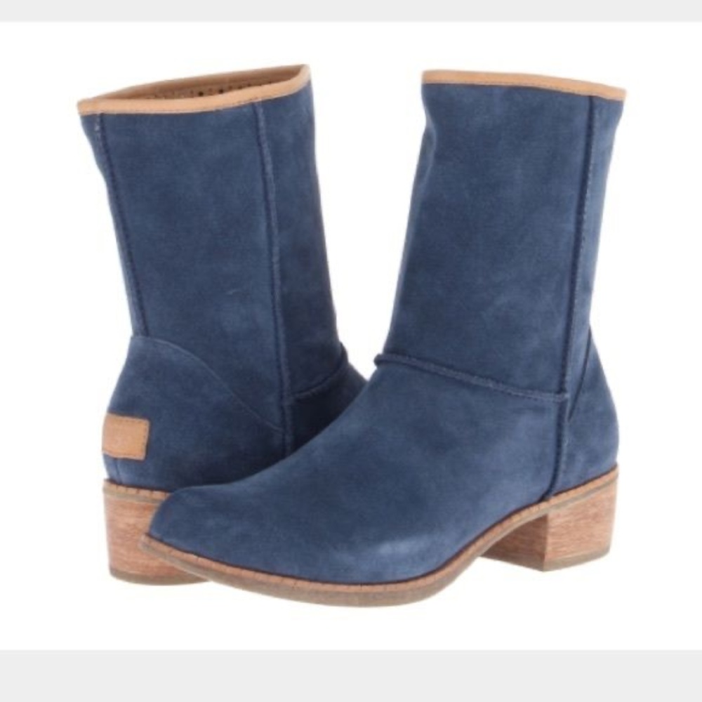 UGG Blue Suede Ankle Boots. Size 8.5. Cozy “fur”footbed. LIKE NEW-worn only once